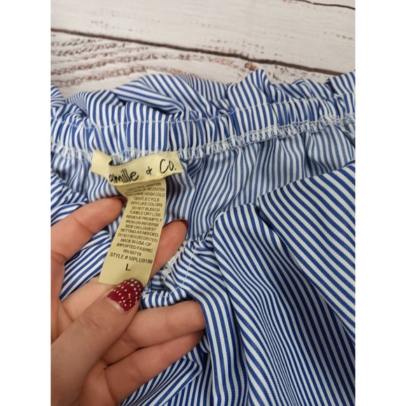 Camille & Company Off The Shoulder Blouse Women's Large Blue White Stripe Ruffle - Picture 4 of 10